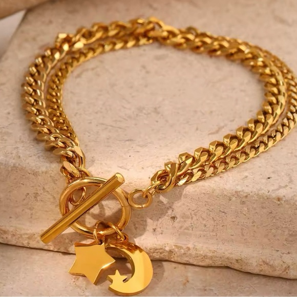 Gold Star Moon Charm Bracelet 8” - Picture 2 of 4